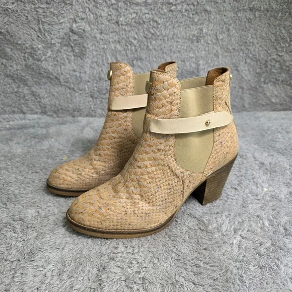 Rutz Walk in Cork Ankle Boots Tan Snakeskin Embossed Chelsea Womens 40 Excellent - Picture 1 of 8